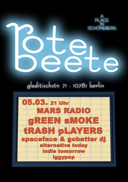 flyer von green smoke trash players im mars radio@rote beete am 05.03.09